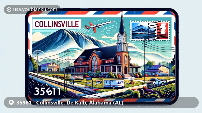 Modern illustration of Collinsville, Alabama, featuring Collinsville Presbyterian Church, Lookout Mountain silhouette, airmail envelope design, stamps, and ZIP Code 35961.