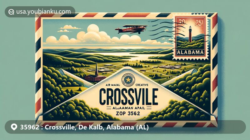 Modern illustration of Crossville, DeKalb County, Alabama, featuring postal theme with ZIP code 35962, emphasizing its location on Sand Mountain and the lush landscapes of the area.