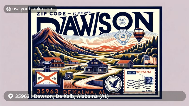 Modern illustration of Dawson, DeKalb County, Alabama, with ZIP code 35963, capturing regional and postal elements, featuring Sand Mountain landscape, Alabama state flag, vintage postcard design, and DeKalb County map outline.