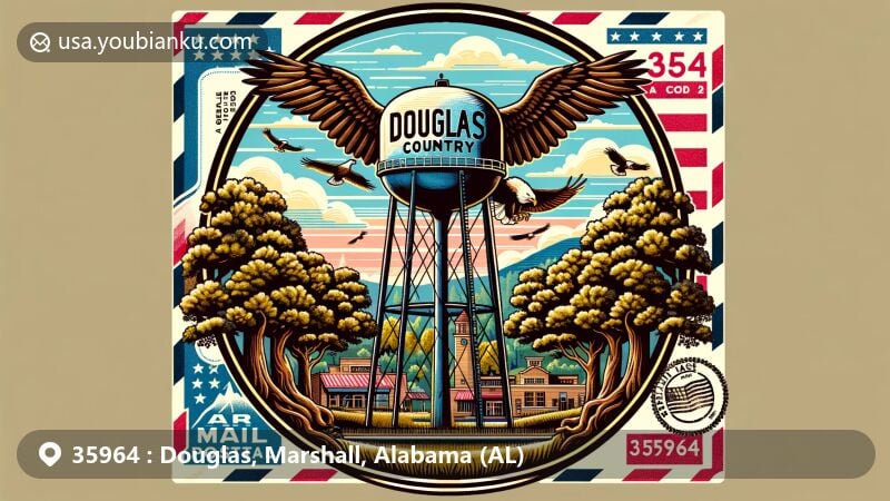 Vibrant illustration of Douglas, Alabama, ZIP code 35964, featuring the iconic 'Eagle Country' water tower, oak trees, golden eagles, and Sand Mountain. Creatively framed in an air mail envelope with Alabama state flag postage stamp.