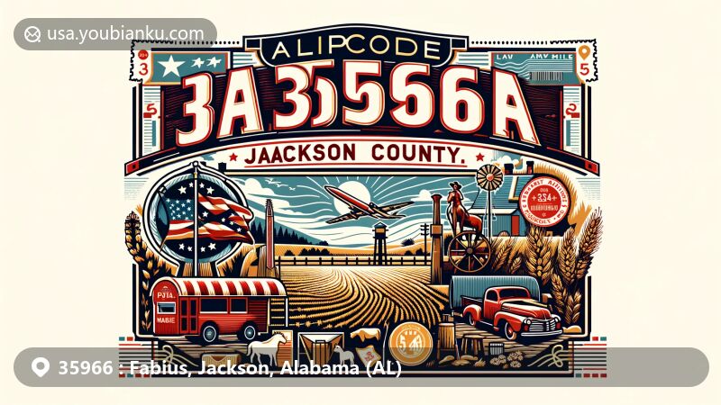 Modern illustration of Fabius area, Jackson County, Alabama, featuring postal theme with ZIP code 35966, blending iconic Alabama state symbols and postal elements like vintage postcard, stamps, and postmark.