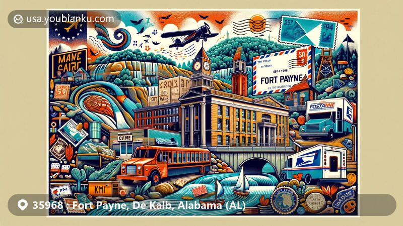 Modern illustration of Fort Payne, De Kalb County, Alabama, featuring ZIP code 35968, showcasing DeSoto State Park, Little River Canyon National Preserve, Manitou Cave, and celebrating Fort Payne as the 'Sock Capital of the World'. Includes vintage postal elements like airmail envelope, stamps, postal truck.