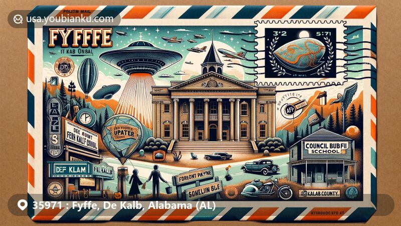 Modern illustration of Fyffe, De Kalb County, Alabama, capturing the essence of the ZIP code 35971 with a creatively designed air mail envelope, featuring Fort Payne Opera House, Council Bluff School, and UFO Festival, along with Sand Mountain stamp and August postmark.