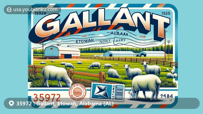 Modern illustration of Gallant, Alabama, showcasing postal theme with ZIP code 35972, featuring Dayspring Dairy and sheep grazing on lush pastures, incorporating Etowah County outline and postal imagery like airmail envelope and stamps.
