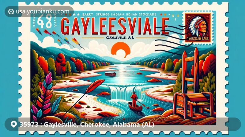 Modern illustration of Gaylesville, Cherokee County, Alabama, showcasing postal theme with ZIP code 35973, featuring Chattooga River, Weiss Lake, and Barry Springs Indian Stockade.