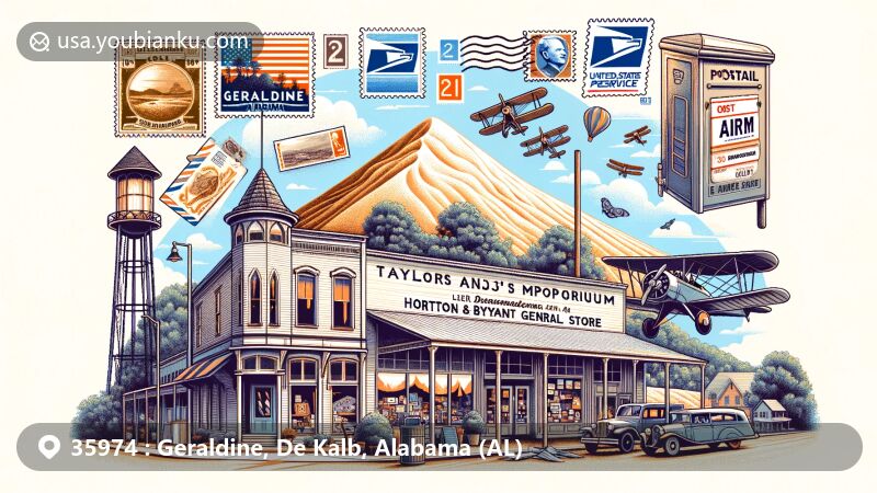 Modern illustration of Geraldine, Alabama, featuring the scenic Sand Mountain, agricultural heritage, and community spirit, intertwined with United States postal service elements like postcard, airmail envelope, stamps, and ZIP Code.