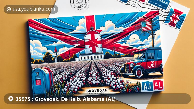 Vibrant illustration of Groveoak, De Kalb County, Alabama, featuring Alabama state flag backdrop, cotton field, postal theme with stamp, postmark 'Groveoak, AL' and ZIP Code 35975.