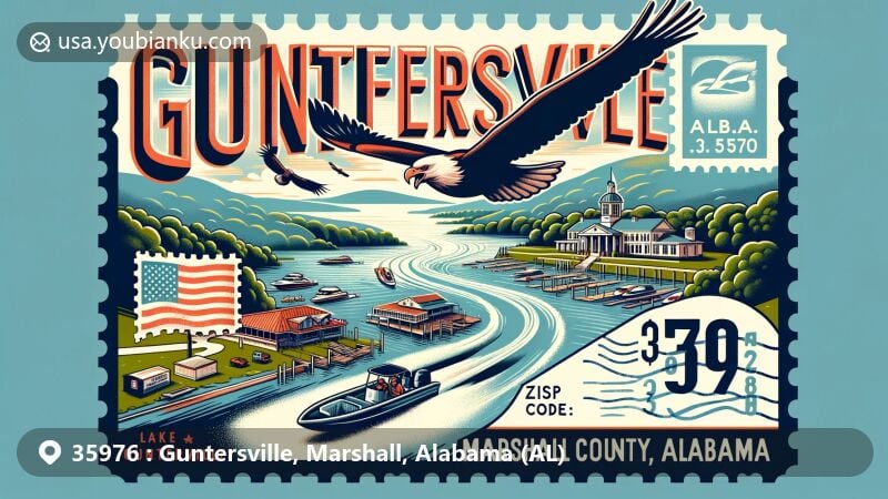 Modern illustration of Guntersville, Marshall County, Alabama, capturing the essence of Lake Guntersville with HydroFest power boat race, Guntersville Museum, bald eagles, Tennessee River, and Appalachian foothills.