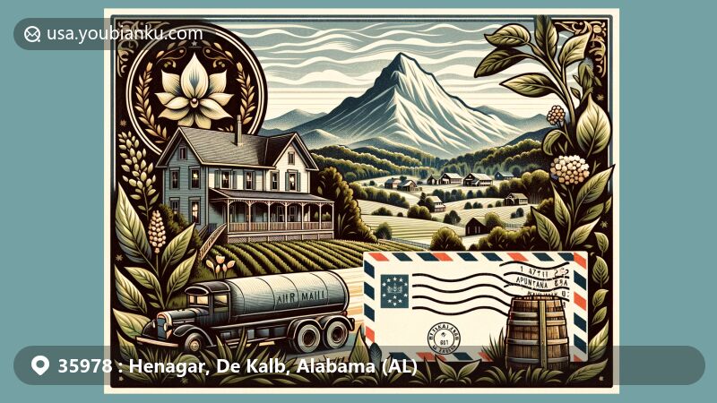 Modern illustration of Henagar, De Kalb, Alabam showcasing postal theme with ZIP code 35978, featuring Appalachian Mountains, Sand Mountain, and Alabama state flag.