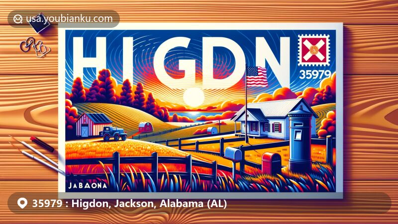 Modern illustration of Higdon, Jackson County, Alabama, showcasing postal theme with ZIP code 35979, featuring Alabama state flag and rural landscapes.