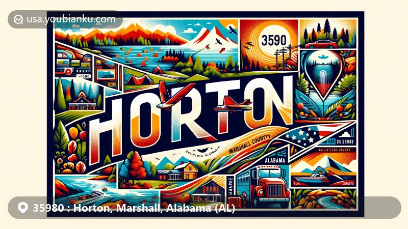 Modern illustration of Horton, Marshall County, Alabama, embodying rich history, culture, and outdoor pursuits like hiking, camping, fishing, and boating.