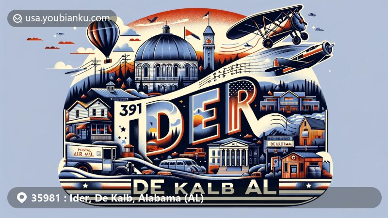 Modern illustration of Ider area, De Kalb County, Alabama, ZIP code 35981, featuring local and postal themes in a creative postcard format.