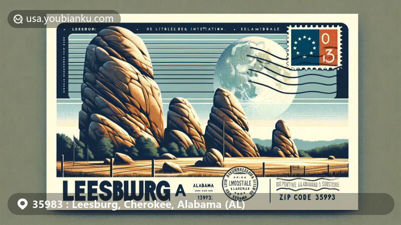 Modern illustration of Cherokee Rock Village, Leesburg, Alabama, featuring iconic sandstone boulders and state flag, with postal elements like stamp, postmark, and ZIP code 35983.