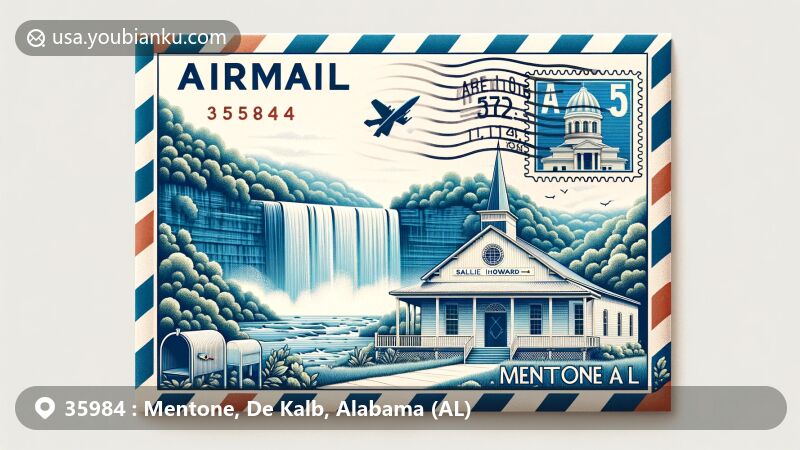 Modern illustration of Mentone, Alabama, featuring airmail envelope with DeSoto Falls landscape, Sallie Howard Memorial Chapel stamp, and postal theme elements.