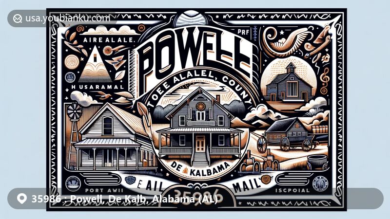 Creative illustration of ZIP Code 35986 representing Powell, De Kalb, Alabama, blending modern style with local elements like Fort Payne Opera House and Trail of Tears Historic Trail.