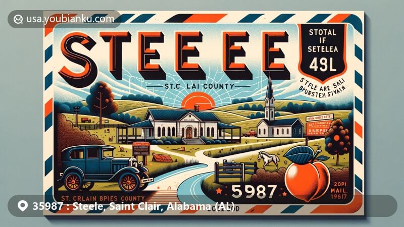 Modern illustration of Steele, Alabama, featuring U.S. Post Office, St. Clair County outline, local peach, churches, and Bluegrass Festival at Horsepens 40.