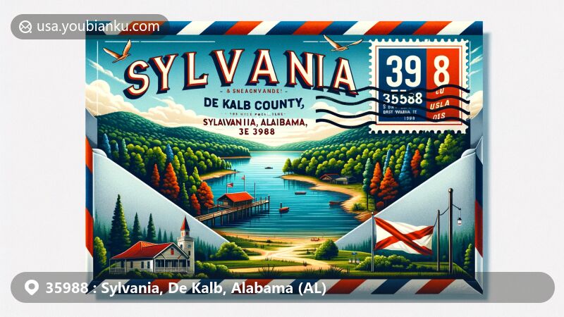 Modern illustration of Sylvania, De Kalb, Alabama, showcasing a postal theme with a vintage air mail envelope, featuring DeKalb County Lake, Alabama state flag, and postal motifs.