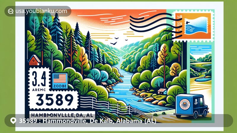 Modern illustration of Hammondville, De Kalb, Alabama, highlighting postal theme with ZIP code 35989, showcasing DeSoto State Park and Alabama state flag.