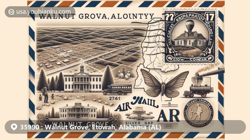 Modern illustration of Walnut Grove, Etowah County, Alabama (AL) with ZIP code 35990, merging regional cultural elements and postal themes, featuring map of Etowah County, U.S. Route 278, educational heritage, magnesium mining, vintage stamp, postmark, and antique postal carriage.
