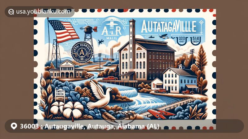Modern illustration of Autaugaville, Autauga, Alabama, highlighting postal theme with vintage air mail envelope, Swift Creek, Alabama River, cotton mill, Autauga County School System, and local flora/fauna.