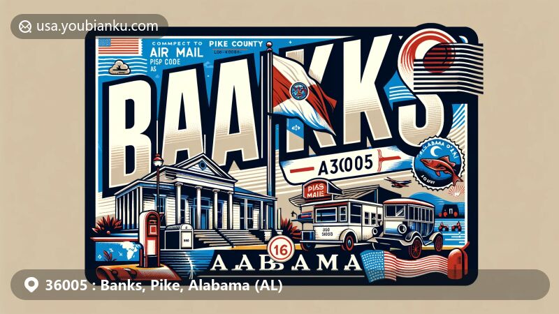 Modern illustration of Banks, Pike County, Alabama, capturing the essence of ZIP code 36005, featuring Alabama state flag and rural charm of the town with 156 residents. Includes vintage postal elements like postage stamp, 'Banks, AL 36005' postmark, and classic mailbox design.