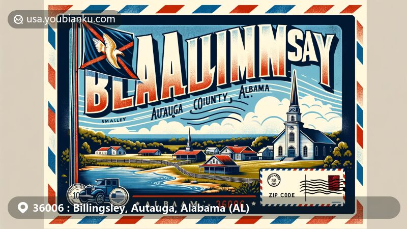 Modern illustration of Billingsley, Autauga, Alabama, depicting rural charm and postal themes, including the Alabama state flag and ZIP code 36006.