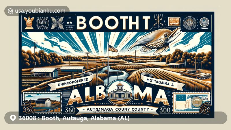 Modern illustration of Booth, Autauga County, Alabama, showcasing postal theme with ZIP code 36008, featuring natural beauty and rural charm, along with vintage postal elements and state symbols.