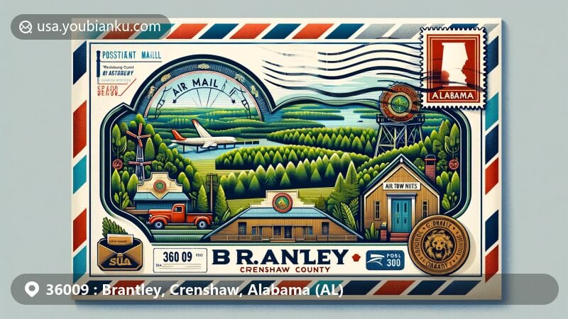 Vintage-style air mail envelope with Brantley, Crenshaw County, Alabama symbols: lush greenery, timber industry, circular town limits, Alabama state flag stamp, ZIP code 36009, mailbox, mail truck.