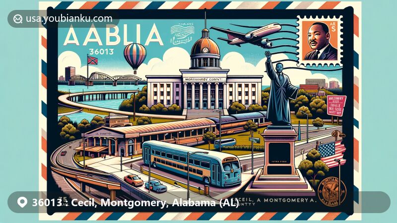 Modern creative postcard-style illustration of Cecil, Montgomery County, Alabama, highlighting key landmarks like Alabama State Capitol, Dexter Avenue King Memorial Baptist Church, Rosa Parks Statue, Union Station, and Riverfront Park.