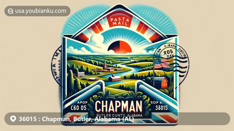 Modern illustration of Chapman area in Butler County, Alabama, featuring postal theme with ZIP code 36015, showcasing vintage airmail envelope with vivid depiction of local natural scenery and cultural elements.