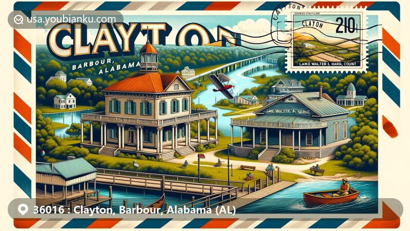 Modern illustration of Clayton, Barbour County, Alabama, showcasing Clayton Historic District with antebellum architecture and landmarks, including Clayton State Bank Building and Octagon House, framed in a vintage airmail envelope with ZIP code 36016 and Lake Walter F. George in the background.