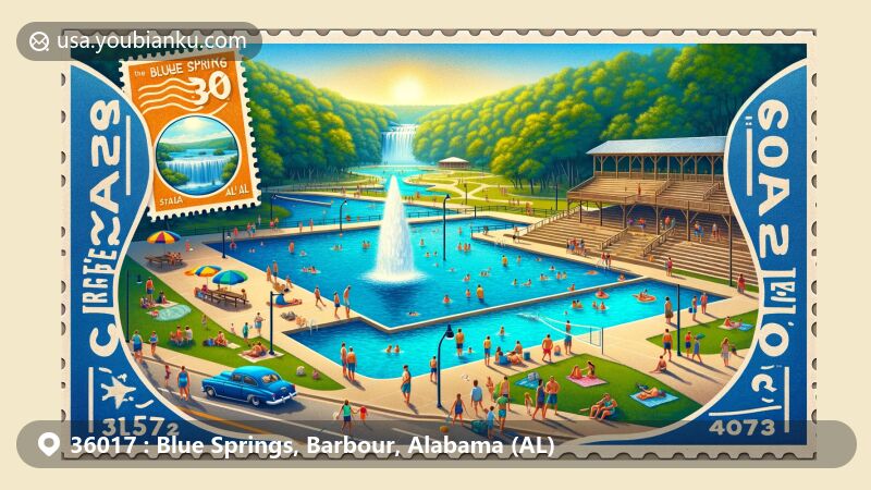 Modern illustration of Blue Springs State Park in Blue Springs, Barbour County, Alabama, showcasing recreational activities like swimming, picnicking, fishing, and hiking, set in a lush and inviting natural environment with a stylized postal stamp featuring ZIP code 36017.