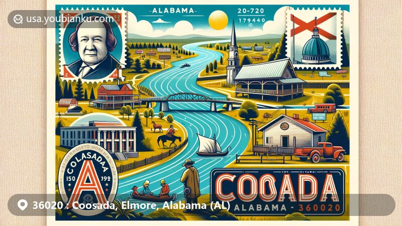 Modern illustration of Coosada, Alabama, showcasing ZIP code 36020, featuring Alabama River, Gov. William Wyatt Bibb's gravesite, and Coosada Heritage Festival.