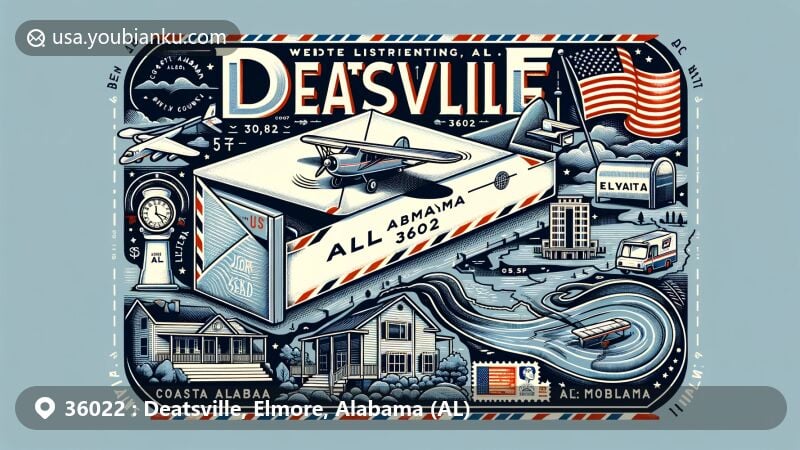 Modern illustration of Deatsville, AL 36022, featuring airmail envelope with area's name, Jordan Lake outline, Coastal Alabama Community College building, Alabama state flag, Elmore County outline, postal stamps, postmarks, classic mailbox, and mail truck.