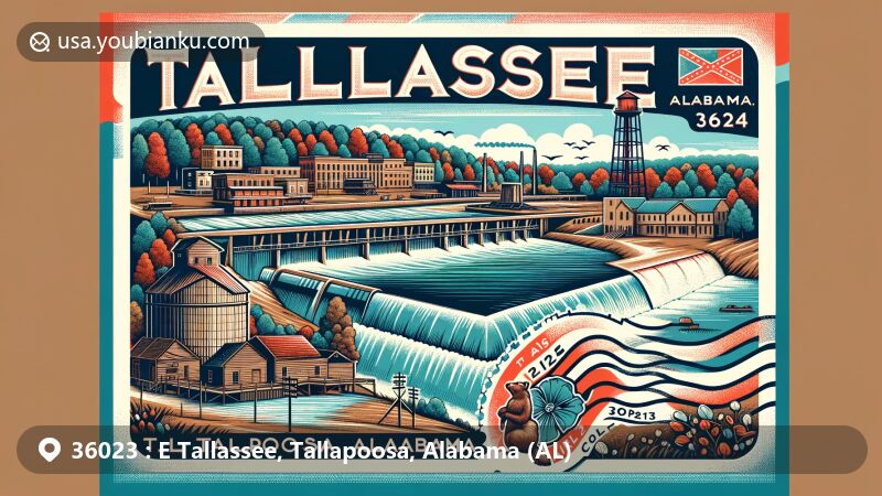 Modern illustration of E Tallassee, Tallapoosa, Alabama, with ZIP code 36023, showcasing postal theme, Tallapoosa River, Creek Native American heritage, Thurlow Dam, cotton mills, and Alabama state symbols.