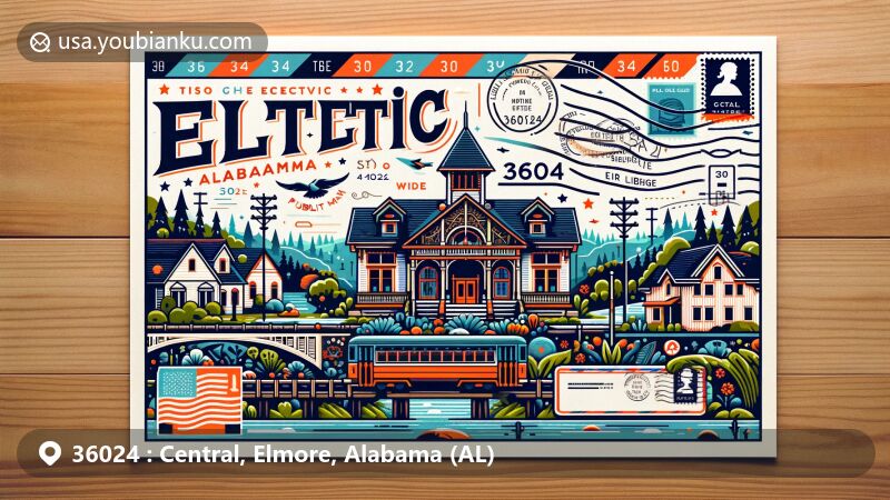 Modern illustration of Eclectic, Alabama, showcasing postal theme with ZIP code 36024, featuring Eclectic Public Library and local landmarks.