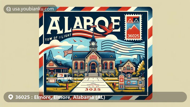 Modern illustration of Elmore, Elmore County, Alabama, inspired by ZIP code 36025, featuring Elmore Town Hall, 'Town of Light' motto, and Alabama state flag in air mail envelope design.