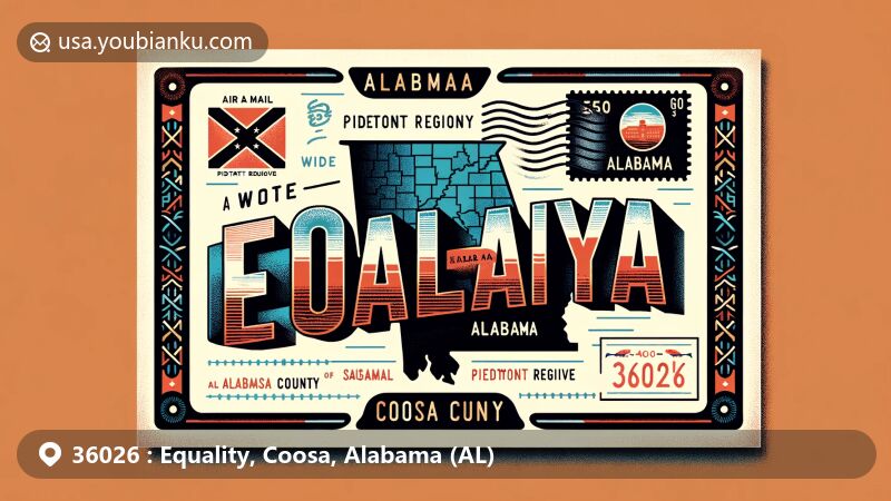 Creative illustration of Equality, Coosa County, Alabama, capturing the essence of ZIP code 36026, with a modern web page format. Features include Coosa County map silhouette, Piedmont region location, local landmarks, vintage postage stamp design, Alabama state flag, air mail envelope border, and visible ZIP code.