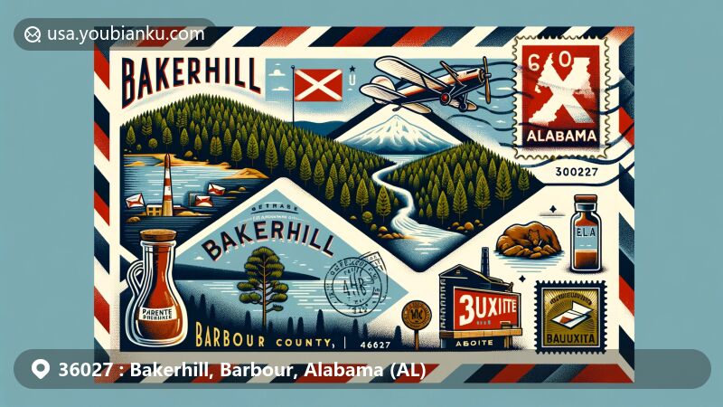 Modern illustration of Bakerhill, Barbour County, Alabama, featuring postal theme with ZIP code 36027, showcasing state symbols, local history, and natural beauty.
