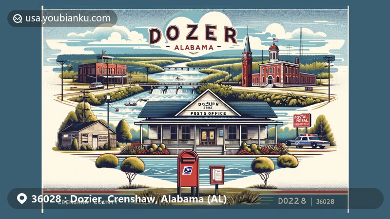 Modern illustration of Dozier, Alabama, showcasing postal theme with ZIP code 36028, featuring picturesque Dozier Post Office, red postal box, Conecuh River, City Hall, and Police Department.