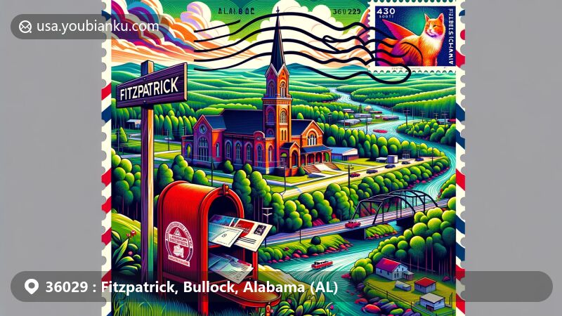 Modern illustration of Fitzpatrick, Bullock, Alabama, featuring lush forests, rivers, and a vintage postal theme with the iconic United Methodist Church and red mailbox showcasing ZIP code 36029.