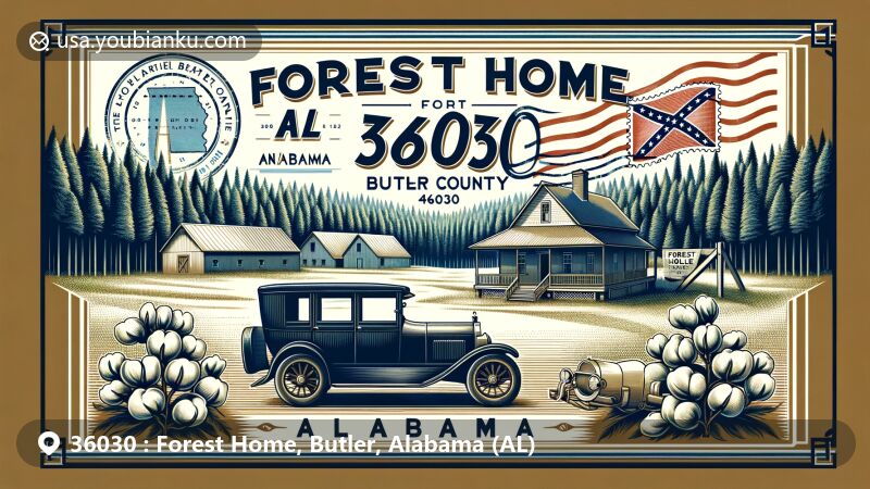 Modern illustration of Forest Home, ZIP Code 36030 area in Butler County, Alabama, featuring postal theme with postcard, postal stamp, postmark, and antique postal car, incorporating Alabama state symbols and rural elements.