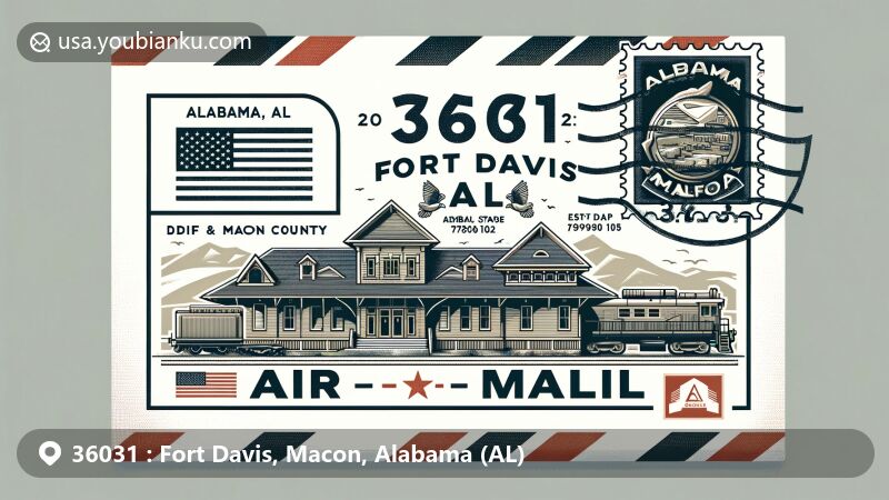 Modern illustration of Fort Davis, Macon County, Alabama, featuring air mail envelope with ZIP code 36031, showcasing Fort Davis Railroad Depot and Alabama state symbols.