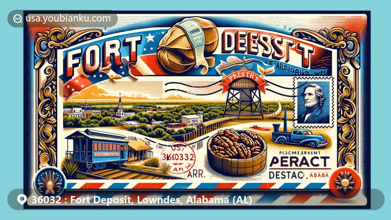 Modern illustration of Fort Deposit, Lowndes County, Alabama, showcasing a vibrant airmail envelope with iconic symbols like Priester's Pecans, the red and blue airmail border, a postage stamp featuring Fort Deposit, and a postal cancellation mark with ZIP code 36032, all set against a backdrop of historical and lush landscapes.