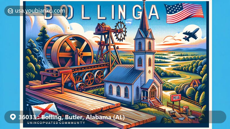 Modern illustration of Bolling, Butler County, Alabama, highlighting unincorporated rural charm, historical saw-mill industry, Alabama state flag, and postal theme with ZIP code 36033.