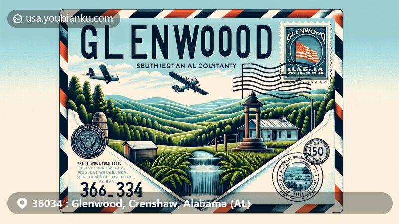 Modern illustration of Glenwood, Crenshaw County, Alabama, showcasing postal theme with ZIP code 36034, featuring small-town atmosphere, southeastern landscape, and the historical landmark of the 'Flowing Well'.