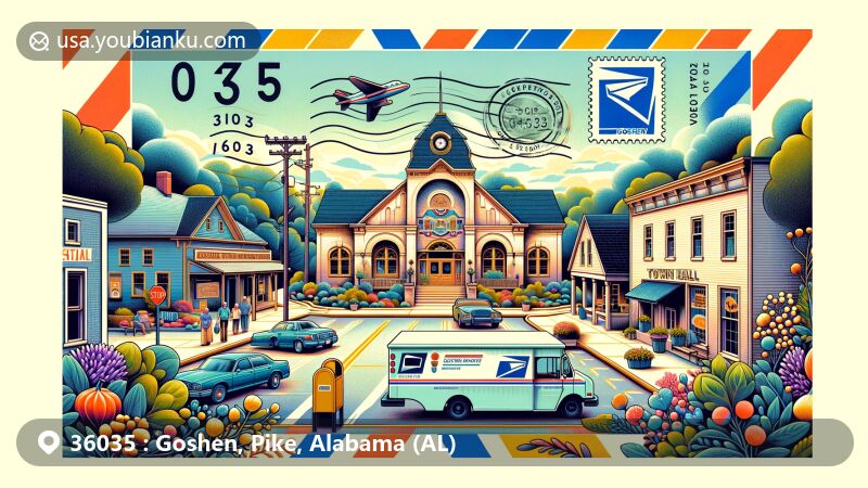 Modern illustration of Goshen, Alabama, harmonizing local charm with postal elements, showcasing community center, town hall, stamps, postmark, mailbox, and mail delivery vehicle, against scenic backdrop, with ZIP code 36035.