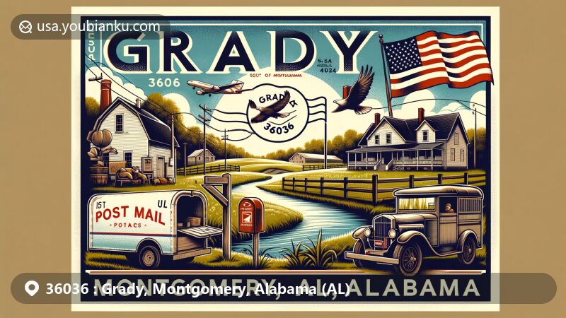 Modern illustration of Grady, Montgomery, Alabama (AL), representing the rural landscape and outdoor lifestyle of the area south of Montgomery, creatively integrating symbols of Alabama and postal elements.