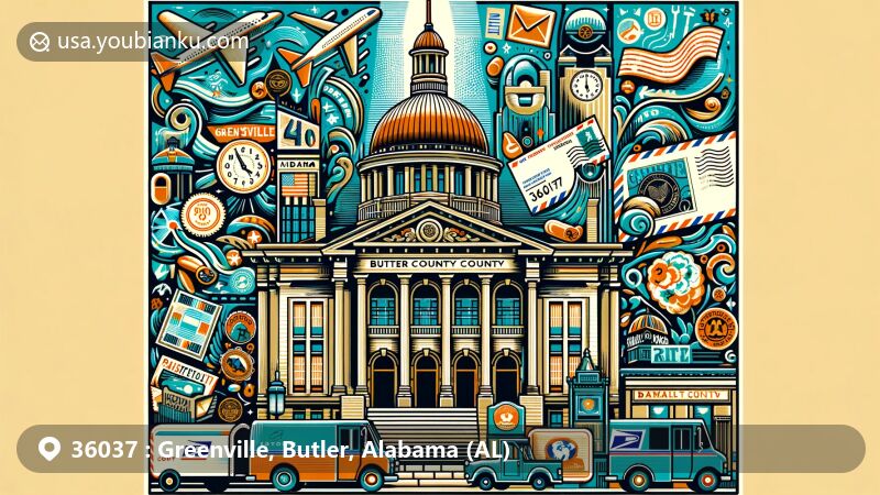 Modern illustration of Greenville, Alabama, featuring iconic landmarks Butler County Courthouse and Ritz Theater integrated with postal theme elements, showcasing ZIP Code 36037 and symbolic postal symbols.