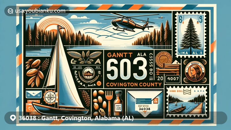 Modern illustration of Gantt, Covington County, Alabama, with a postal theme showcasing ZIP code 36038, featuring Gantt Lake activities of boating, fishing, swimming, and waterskiing, and Alabama symbols like pine trees and pecans.